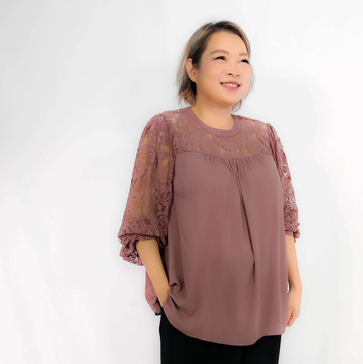 Rose Taupe Georgette Lace yoke Sleeves Blouse