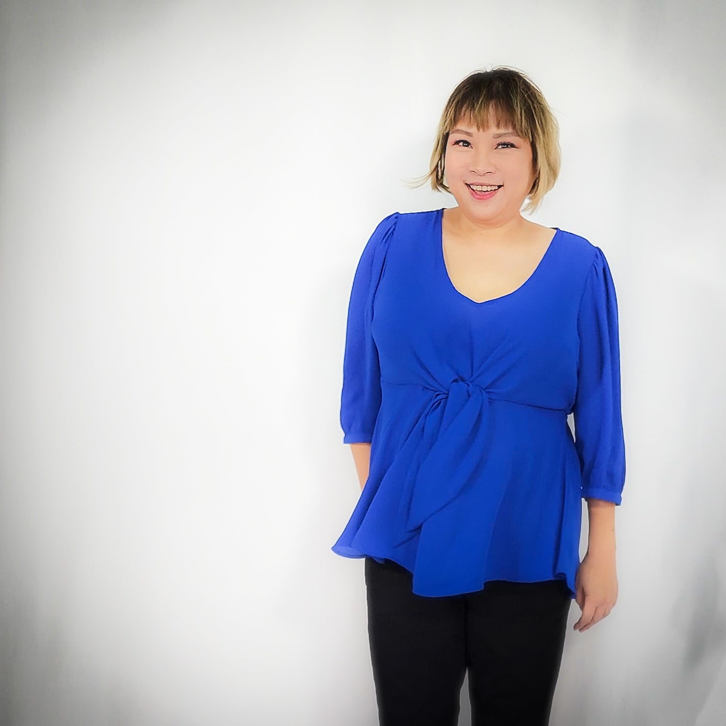 Cobalt Blue Chiffon Top with Front Tie