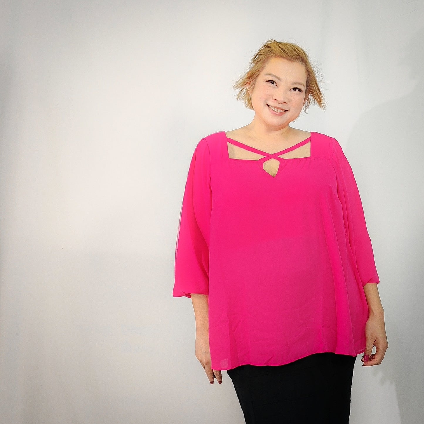 Fuchsia Pink Chiffon Cross Collar Blouse