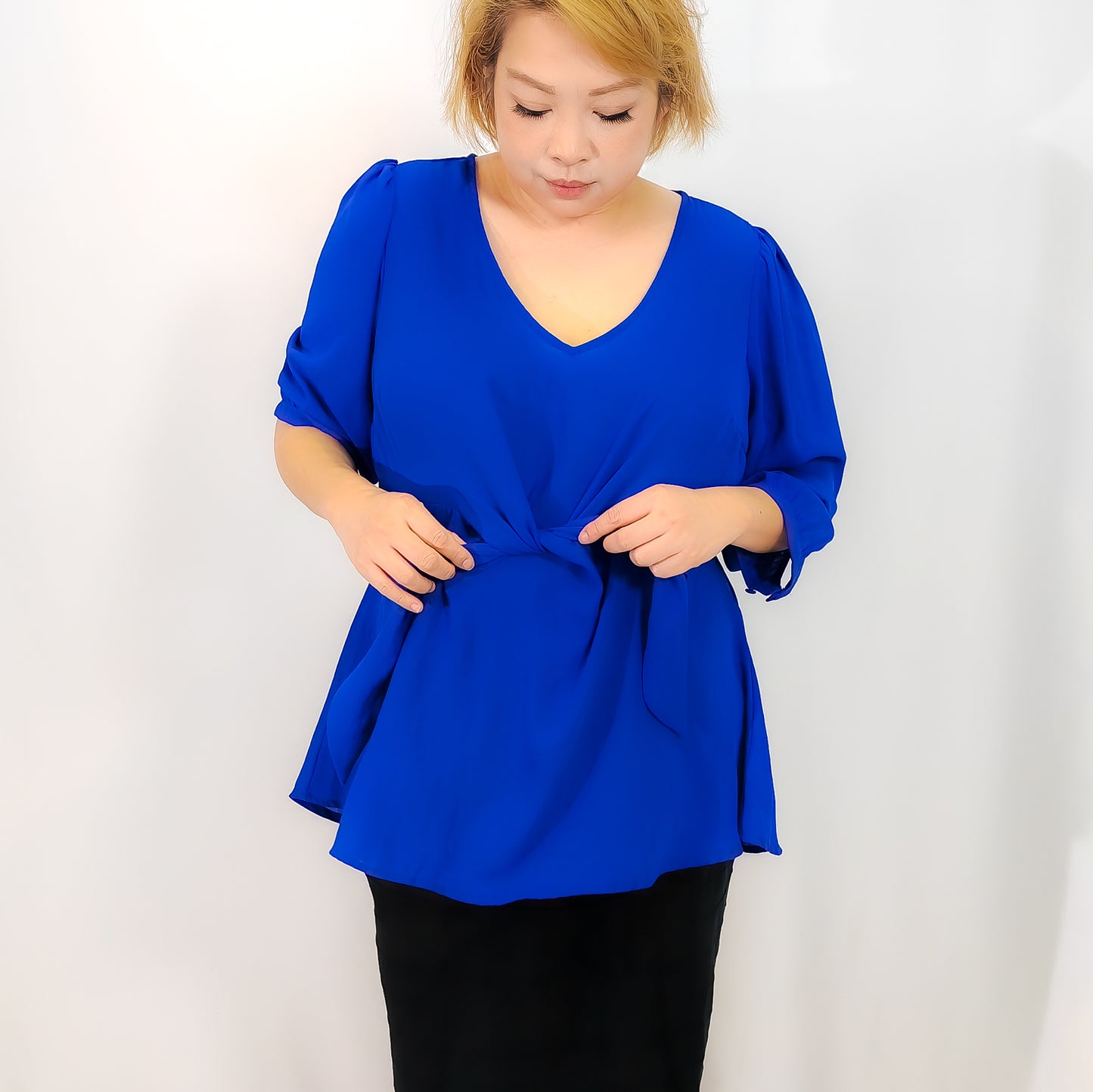 Cobalt Blue Chiffon Top with Front Tie