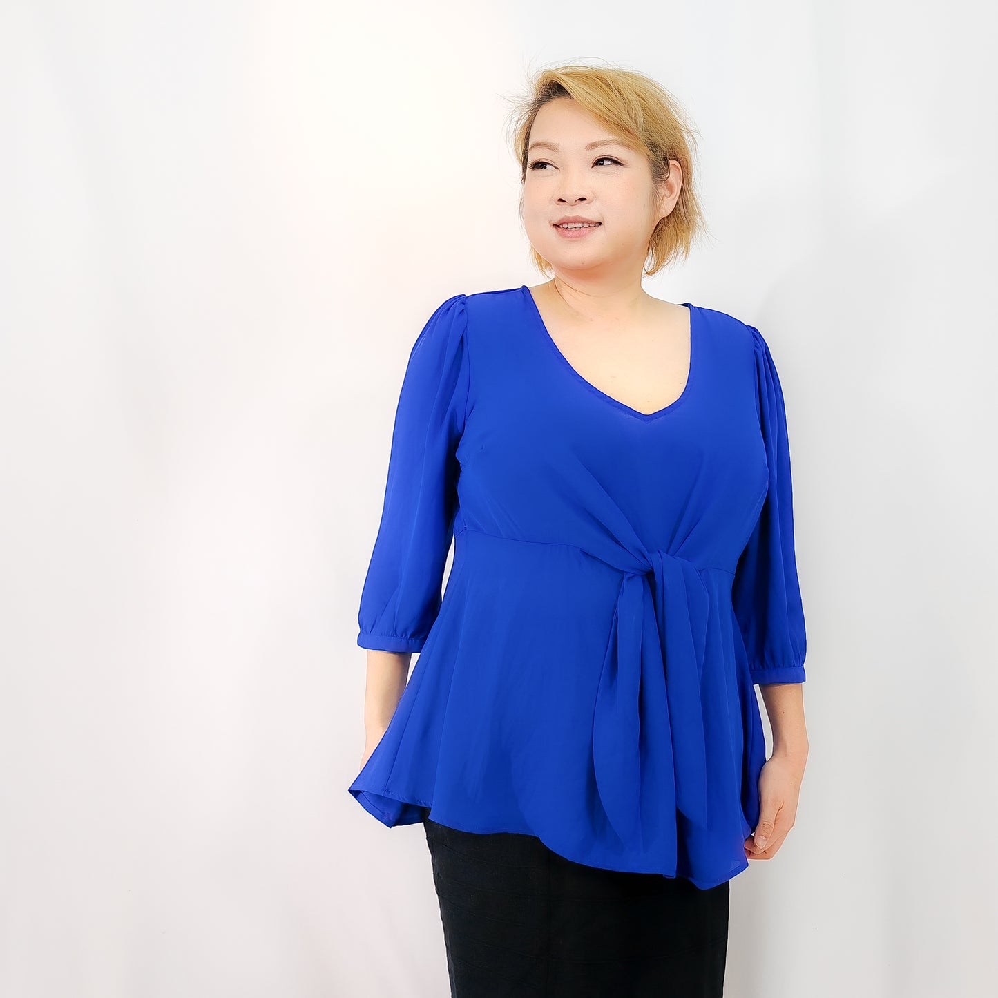 Cobalt Blue Chiffon Top with Front Tie