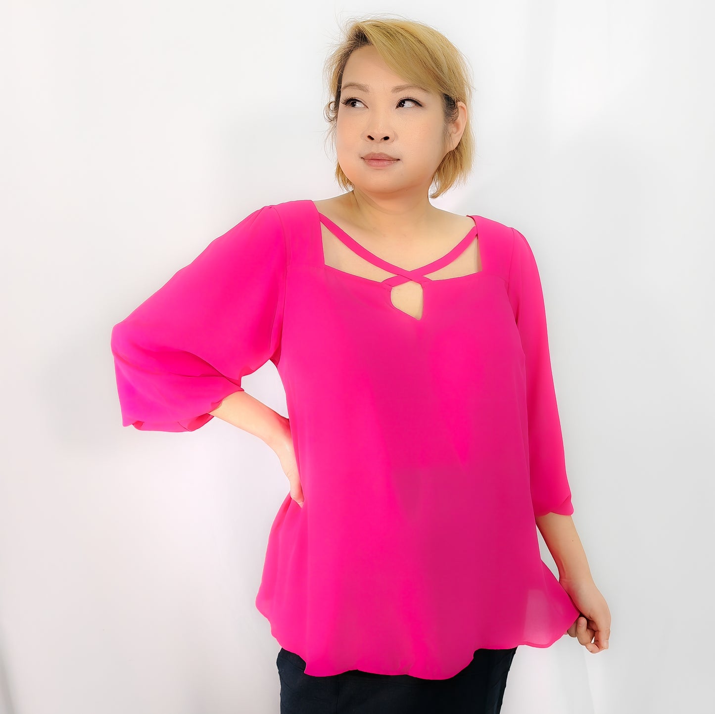 Fuchsia Pink Chiffon Cross Collar Blouse