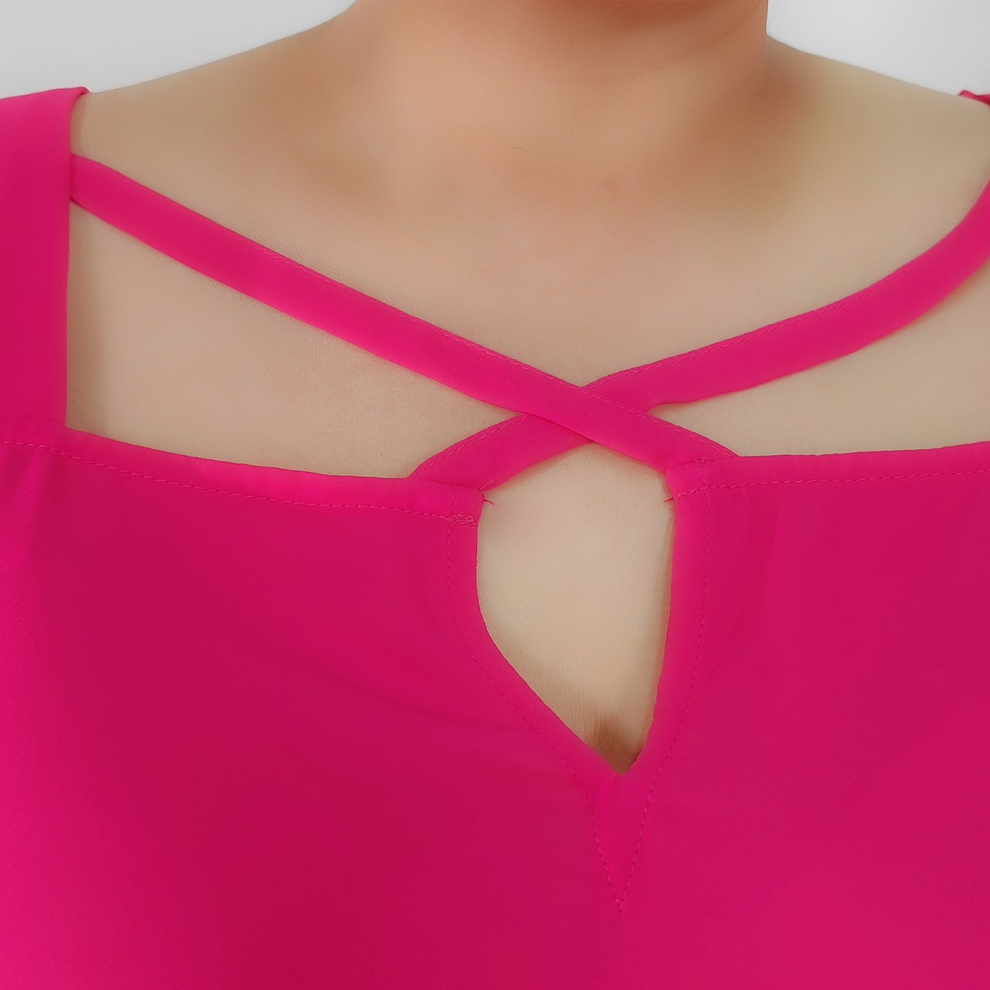 Fuchsia Pink Chiffon Cross Collar Blouse