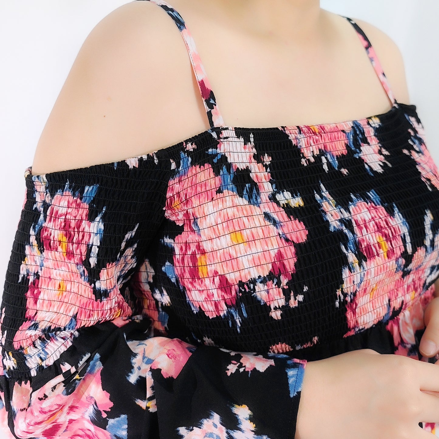 Midnight Blooms Cold Shoulder Top with Smocking