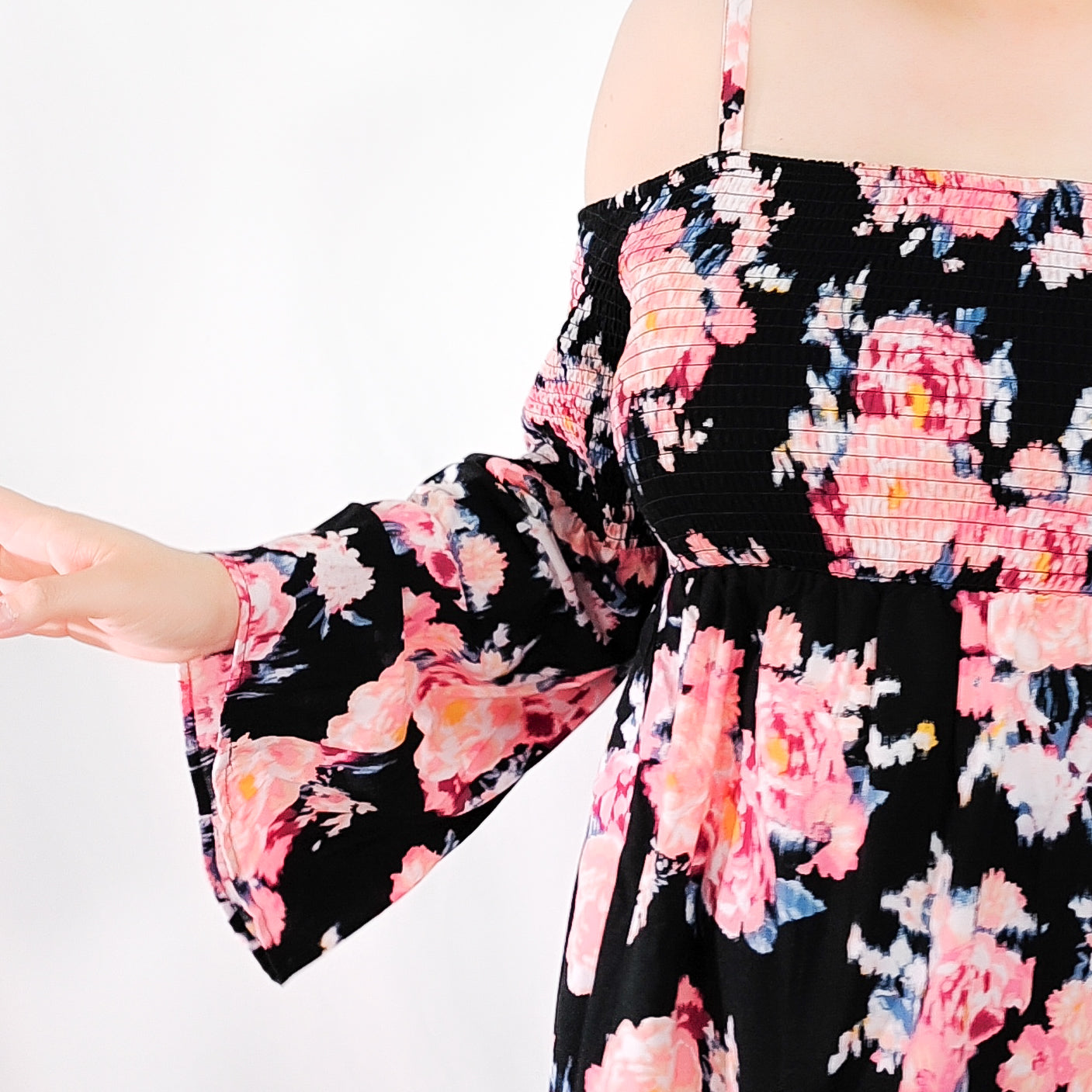 Midnight Blooms Cold Shoulder Top with Smocking