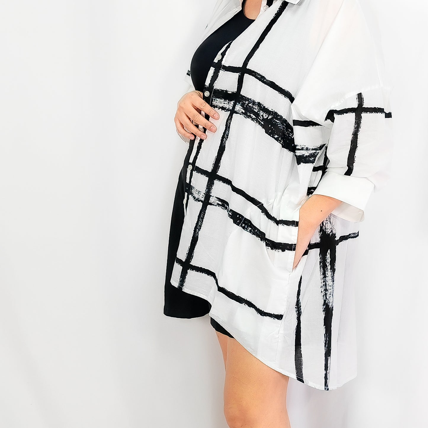 Black and White Irregular Grid Short Long Shirt Blouse