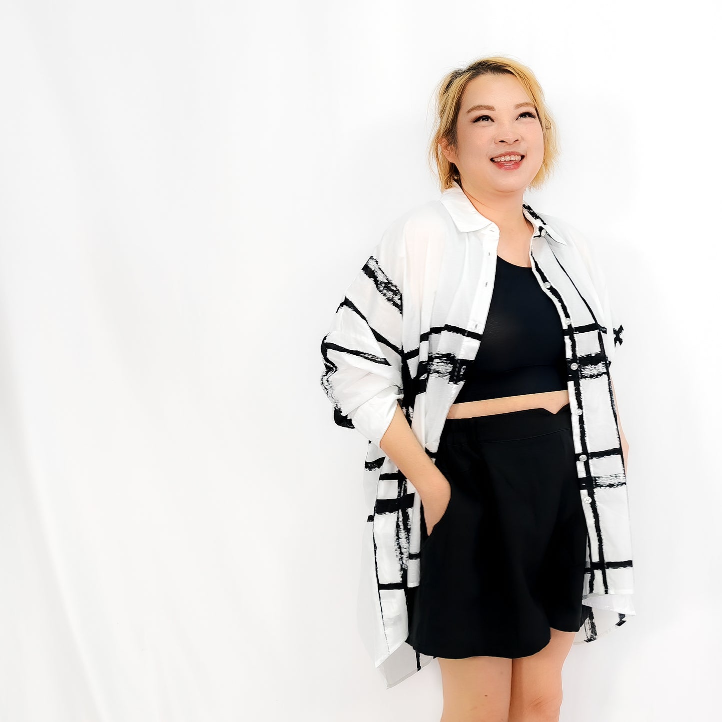 Black and White Irregular Grid Short Long Shirt Blouse