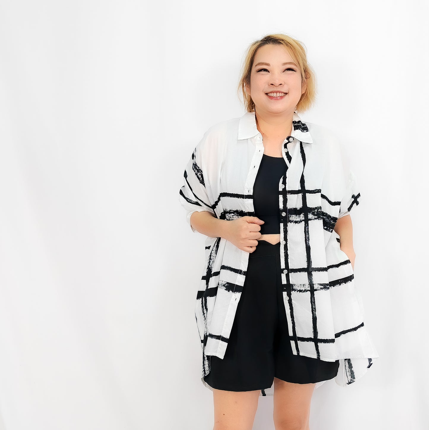 Black and White Irregular Grid Short Long Shirt Blouse