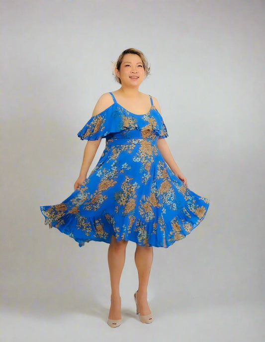 Floral Rhapsody Teal Cold Shoulder Dress